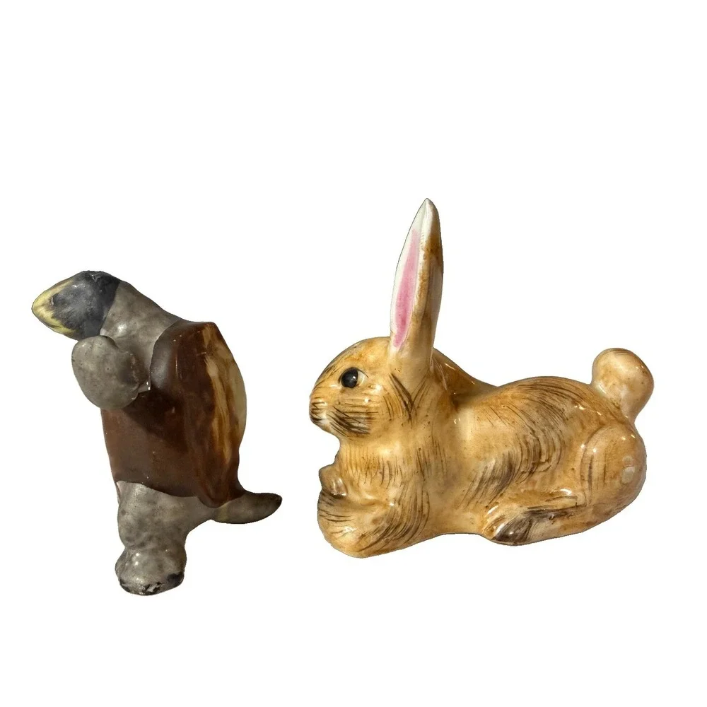 Vintage Japan Rabbit Turtle Salt Pepper Shakers Ceramic Figurines Cork Stoppers